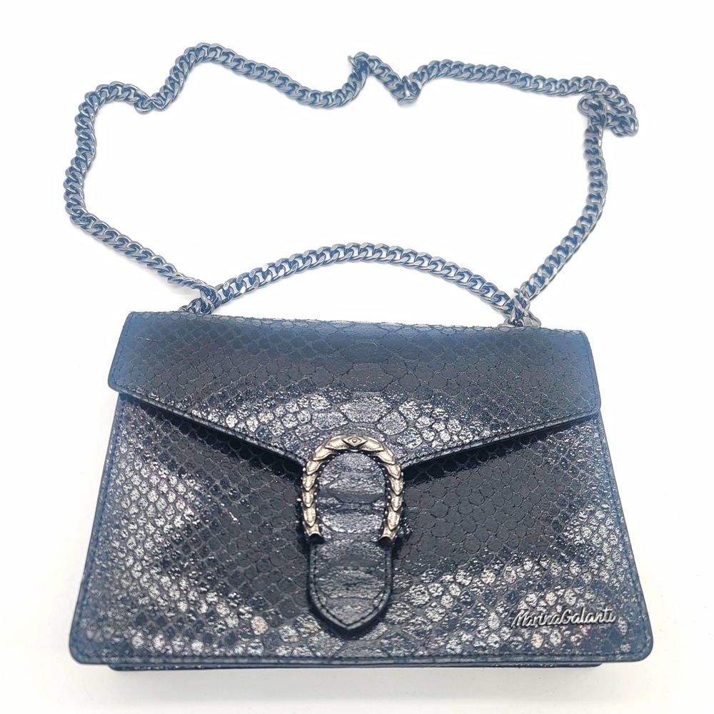 Marina Galanti Black Leather Snakeskin Crossbody Bag Chain Made Italy Gunmetal